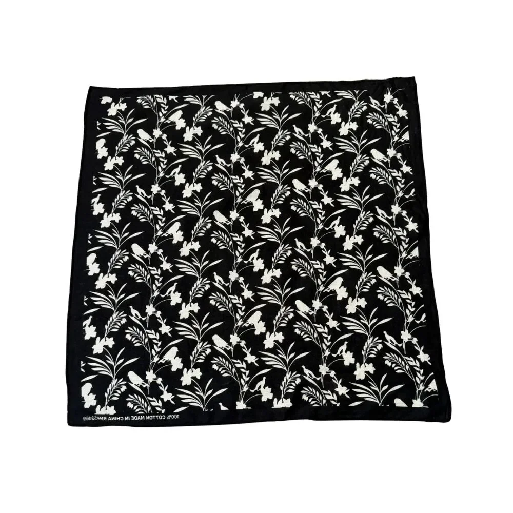 Black and White Floral Bird 100% Cotton Small Rectangular Scarf Kerchief Bandana